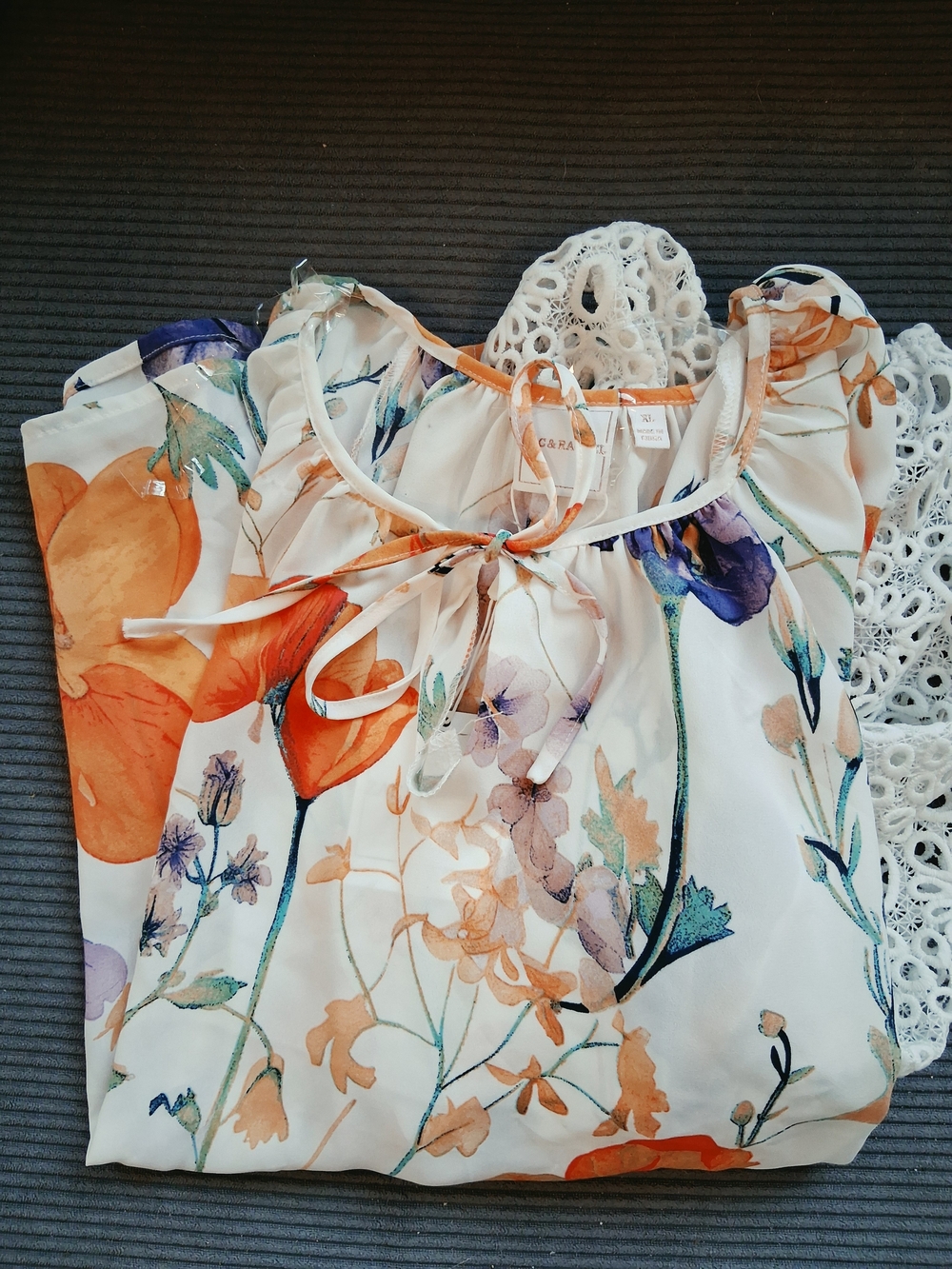 Zac & Rachel Floral Tie-Neck Blouse in Ivory, Orange, Purple
